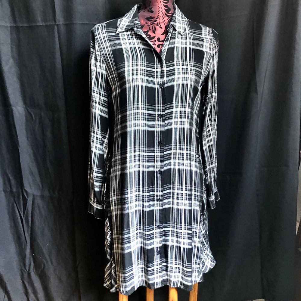 •LOU & GREY for LOFT Black & White Plaid Flannel Button-up Shirt Dress Small/XS